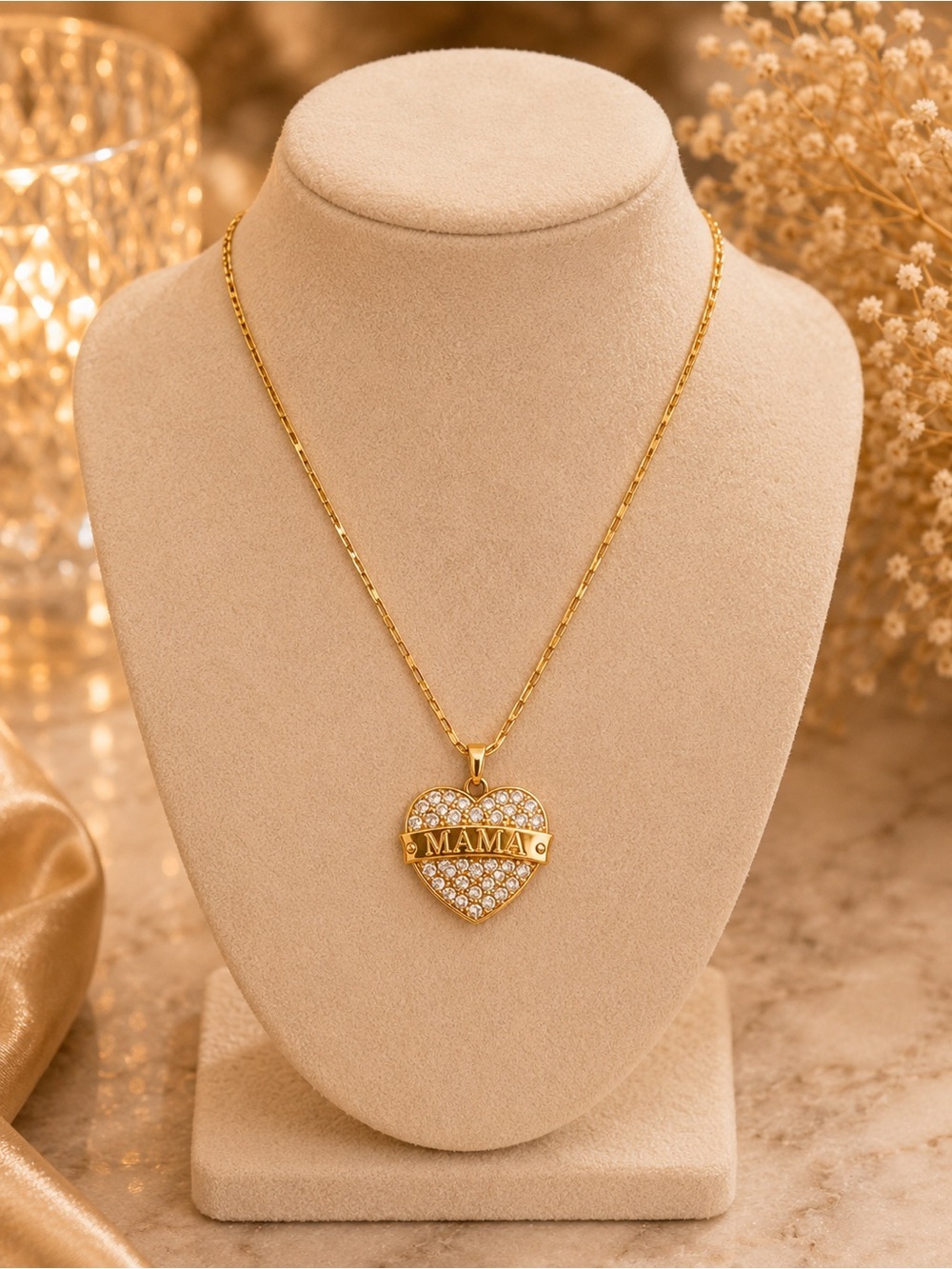 MAMA Gold Heart Pavé CZ Pendant Necklace | Dainty Gold-Tone Chain